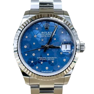 【2025年10月】ロレックス デイトジャスト 278274 ステンレススチール+ホワイトゴールド 31mm アズーロブルーフローラルモチーフ 中古美品