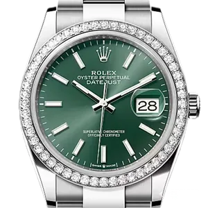 【2025年12月】ロレックス デイトジャスト 126284RBR ステンレススチール+ホワイトゴールド 36mm ミントグリーン 中古美品